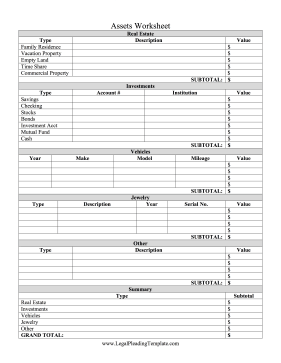 Bankruptcy Assets Worksheet legal pleading template