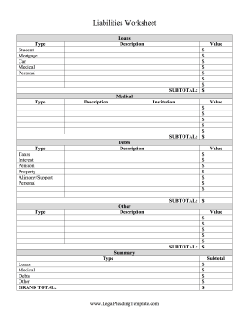Bankruptcy Liabilities Worksheet legal pleading template