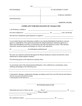 Complaint for Defamation of Character legal pleading template