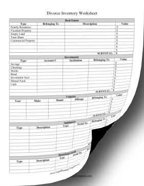 Printable Divorce Inventory Worksheet Legal Pleading Template