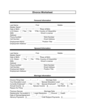 Divorce Worksheet legal pleading template