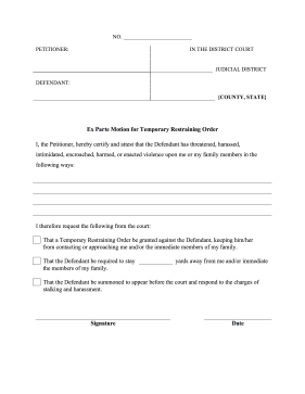 Ex Parte Restraining Order legal pleading template