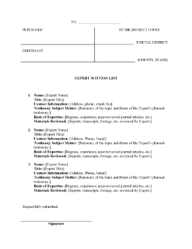 Expert Witness List legal pleading template