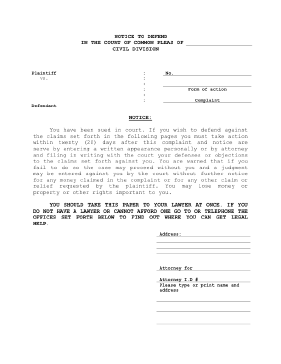 Notice to Defend legal pleading template