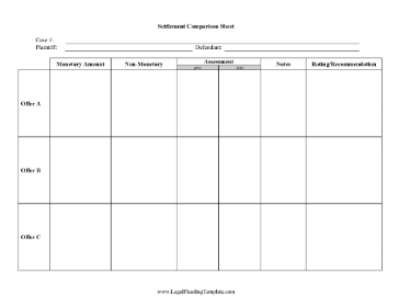 Settlement Comparison Sheet legal pleading template