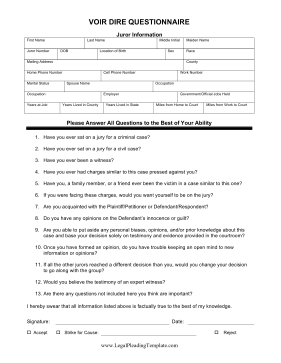 Voir Dire Questionnaire legal pleading template